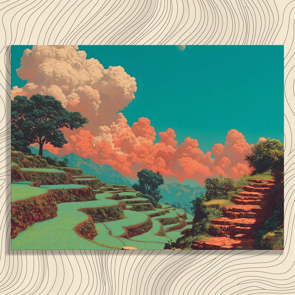 Rice Terrace Mountain Landscape Teal Sky Dramatic Clouds Art Poster