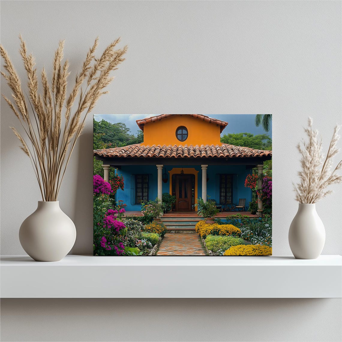 Tropical Blue Villa Orange Roof Flower Garden Vibrant Wall Art