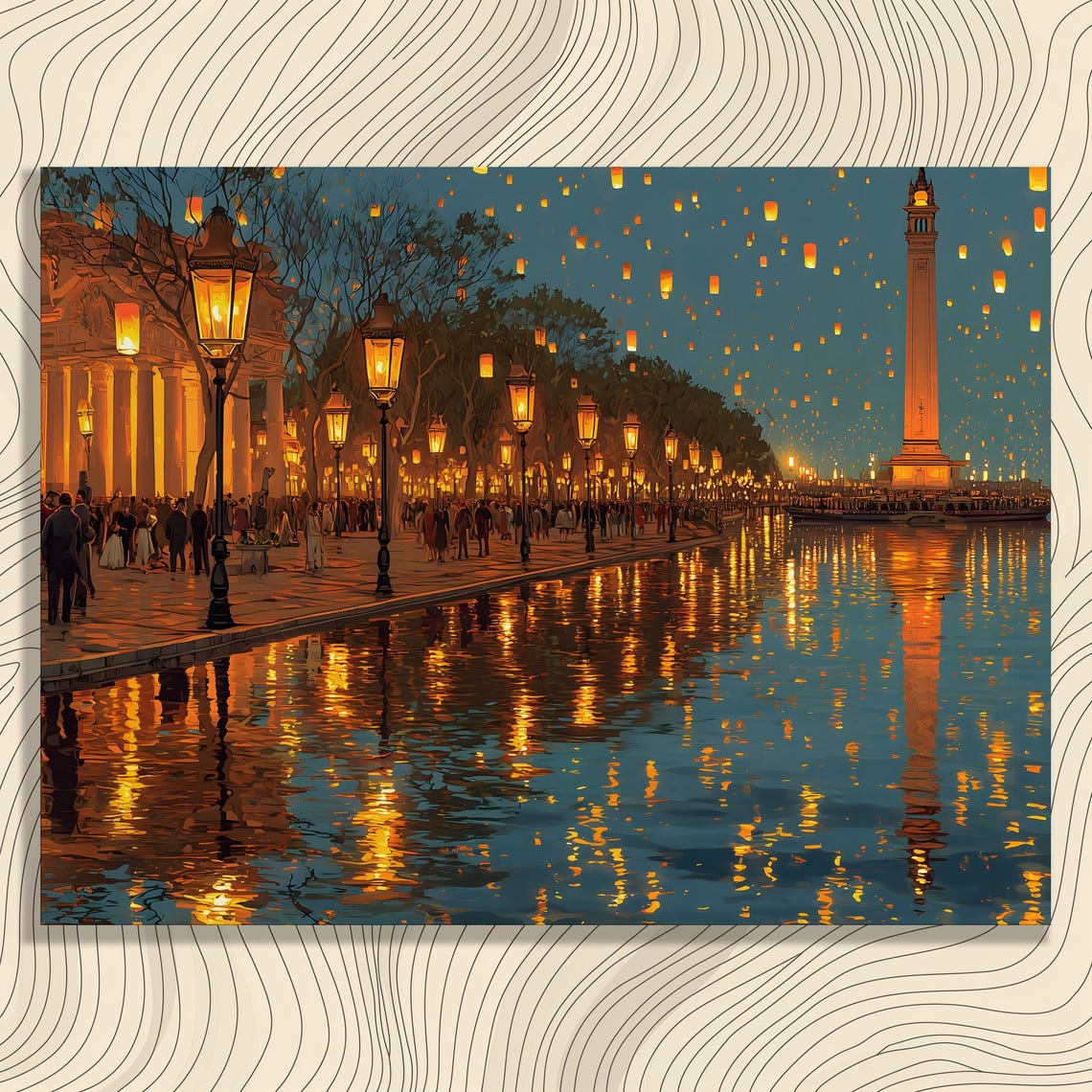Lantern Festival Night River Sky Lamps Cityscape Glow Poster