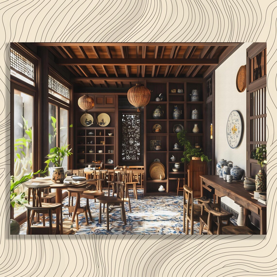 Traditional Asian Tea Room Wooden Interior Porcelain Decor Art Poster