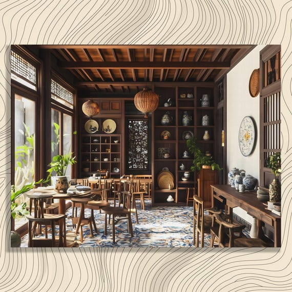 Asian Tea Room Canvas Wall Art Traditional Decor Print Boho Wooden Furniture Porcelain Vase Decorative Plates Open Shelving
