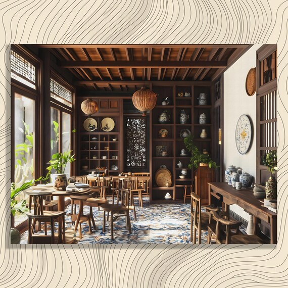 Traditional Asian Tea Room Wooden Interior Porcelain Decor Art Poster