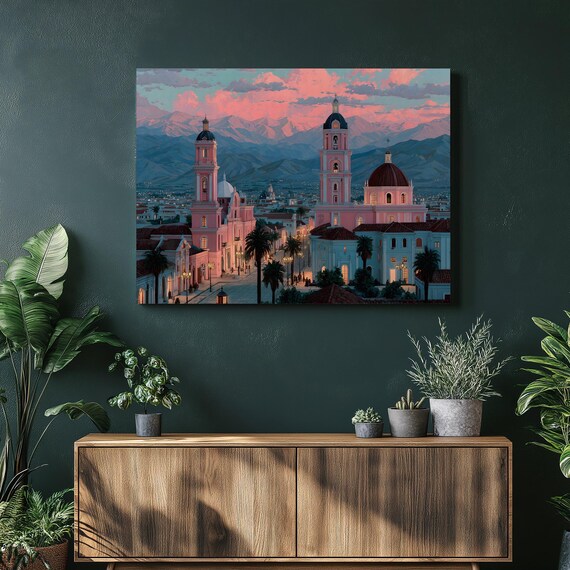 Striking Argentina Canvas Wall Art Pink Andes Landscape Colonial Plaza Painting Print Colorful Cityscape Travel Gift Decor