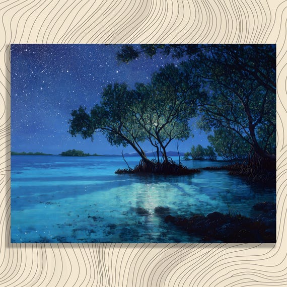 Tropical Moonlit Lagoon Canvas Wall Art Coastal Night Sky Mangrove Trees Ocean Landscape Print Decor Painting Gift Water Reflections