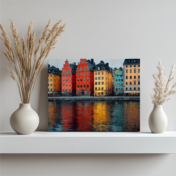 Colorful Waterfront Cityscape Canvas Wall Art Old Town Stockholm Reflection Painting European Print Scandinavian Decor Architecture