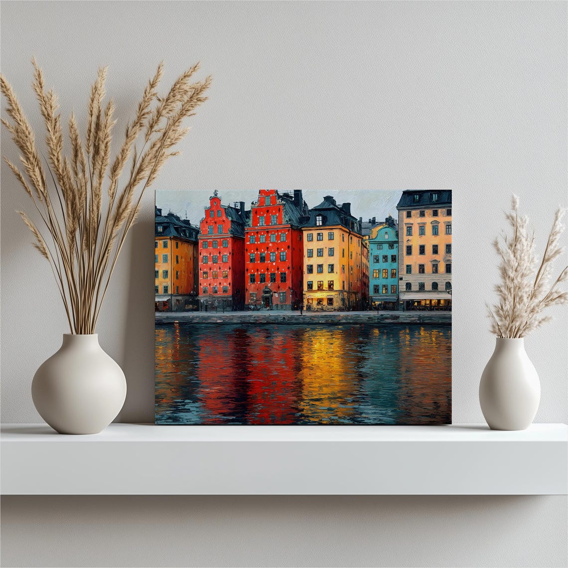 Colorful Stockholm Old Town Waterfront Cityscape Reflection Wall Art