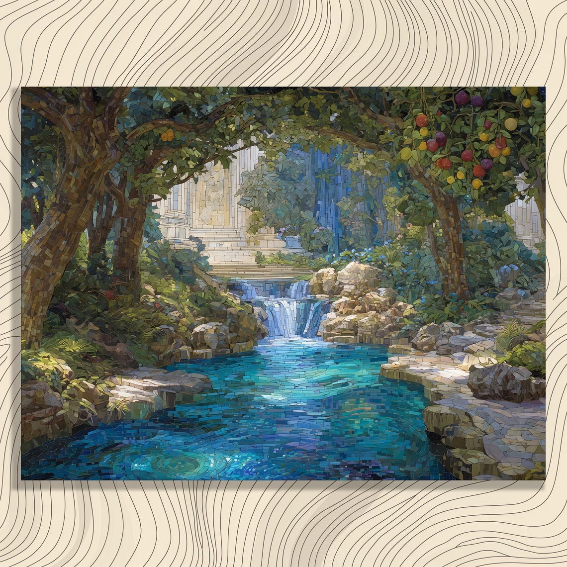 Mosaic Waterfall Garden Blue Pond Fruit Trees Colorful Wall Art