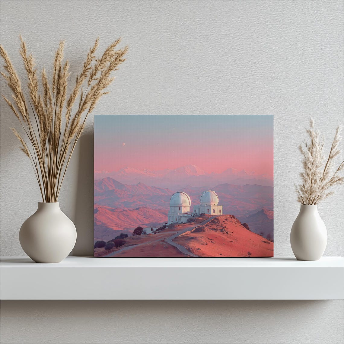 Mountain Observatory Sunset Canvas Print Twin Domes Pastel Astronomy Art