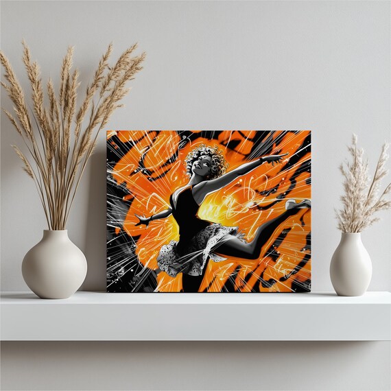Ballerina Motion Canvas Wall Art Modern Dancer Illustration Contemporary Orange Artwork Abstract Silhouette Print Graphic Poster Gift