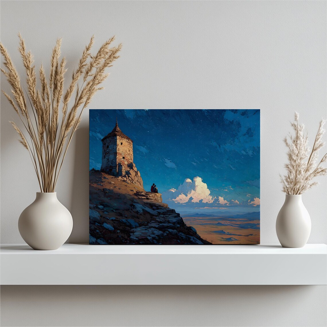 Ancient Stone Tower Rocky Cliff Starry Night Landscape Art Poster