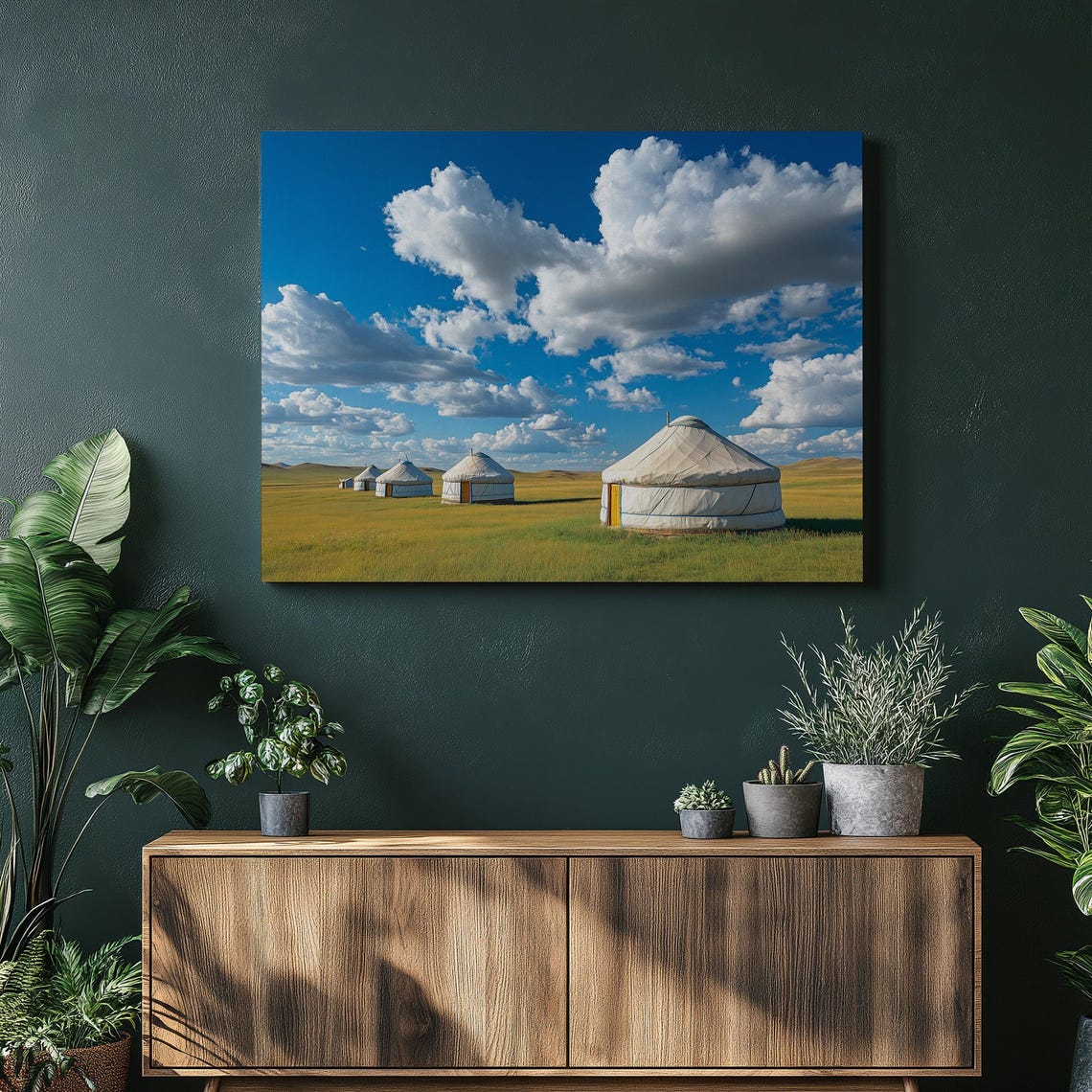 Yurts on Golden Grassland Steppe Under Big Sky Clouds Painting Poster