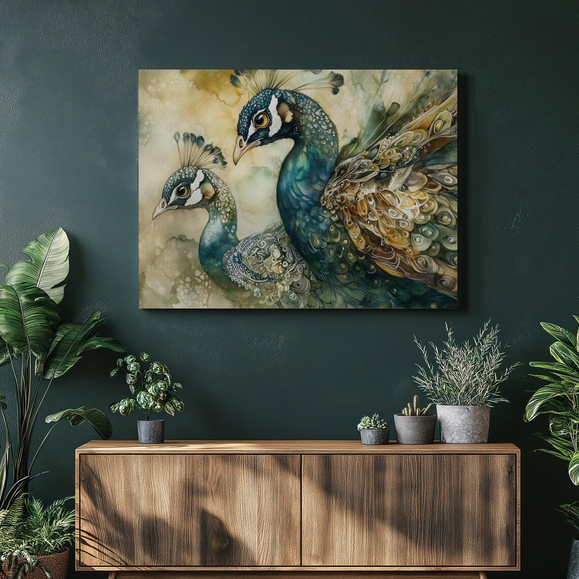Pair Of Elegant Peacocks Teal Gold Watercolor Feather Painting Wall Art