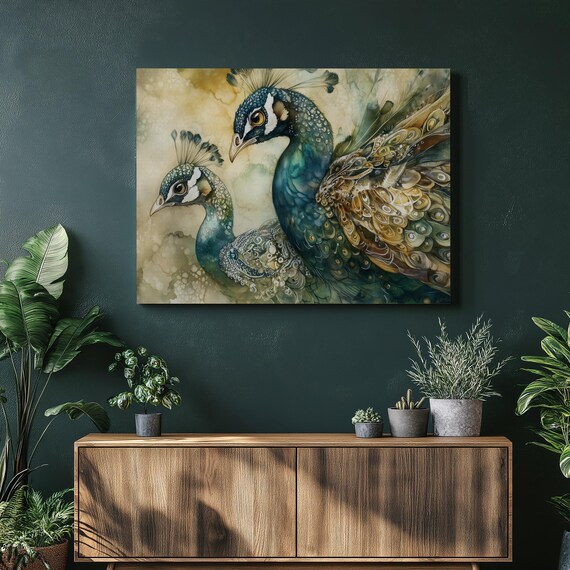 Pair Of Elegant Peacocks Teal Gold Watercolor Feather Painting Wall Art