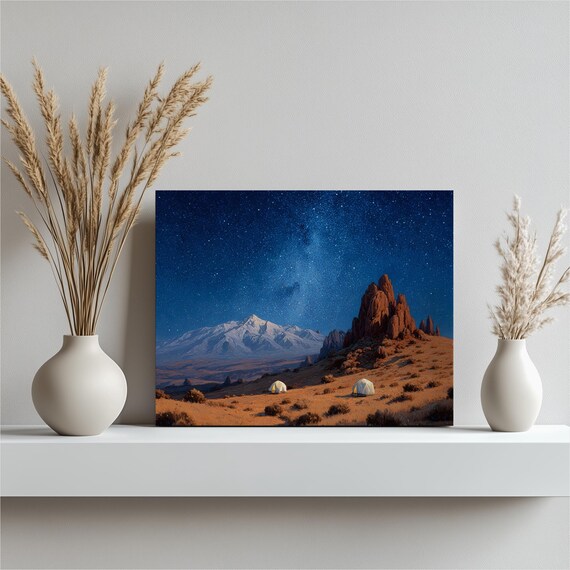 Desert Night Sky with Milky Way Stars and Camping Tents Poster