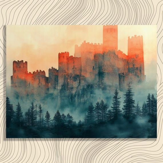 Mystical Castle Canvas Wall Art Vintage Fantasy Landscape Painting Print Gift Decor Misty Forest Medieval Nature Artwork