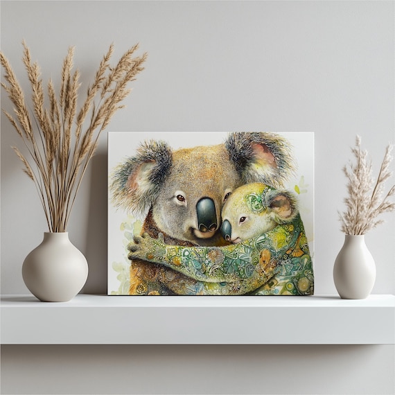 Koala Canvas Wall Art Wildlife Baby Animal Painting Nursery Decoration Cute Koalas Picture Artwork Green Yellow Brown Black Home Decor