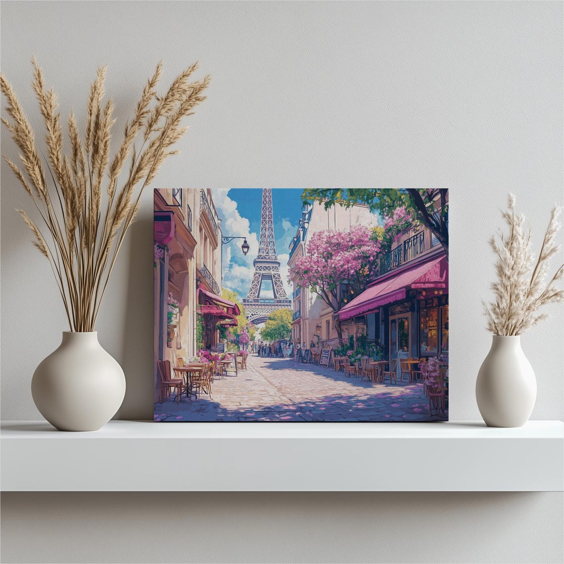 Eiffel Tower Paris Street Cafe Scene in Spring Bloom Wall Art