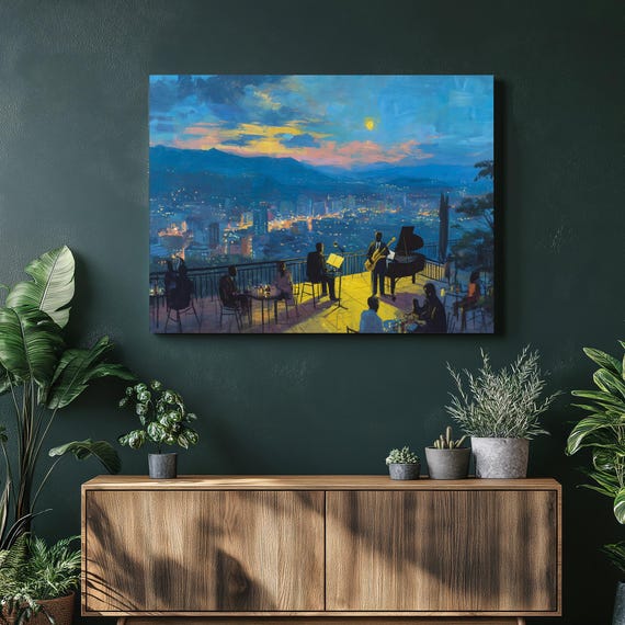 Rooftop Jazz Cityscape Canvas Wall Art Sunset Skyline Print Modern City Lights Decor Night Painting Terrace Band Gift
