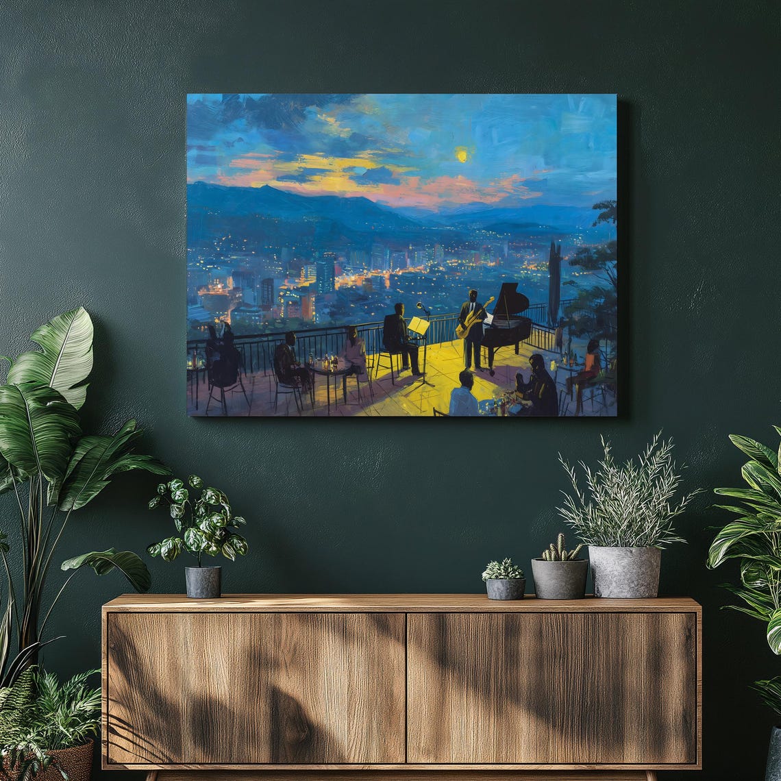 Rooftop Jazz Concert City Skyline Sunset Impressionist Poster