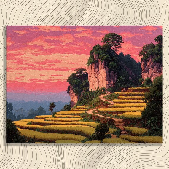 Sunset Over Golden Rice Terraces Pink Sky Impressionist Landscape Poster
