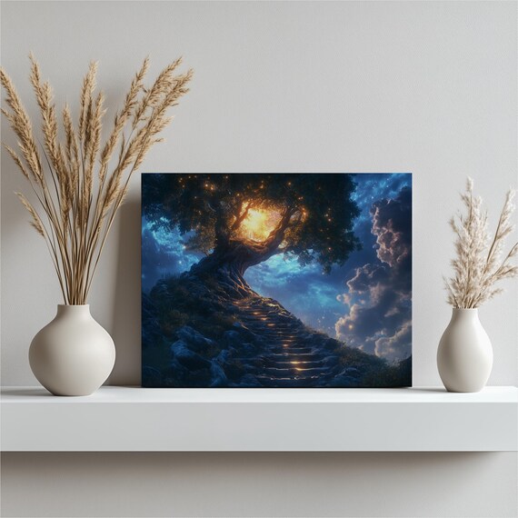 Enchanted Forest Mystical Tree Fantasy Art Starry Night Sky Glowing Light Nature Scene Landscape Magical Decor