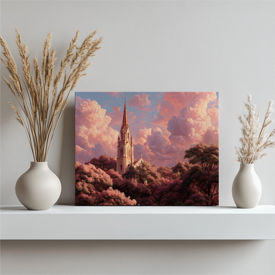 Gothic Church Pink Blossom Trees Pastel Sunset Canvas Wall Art