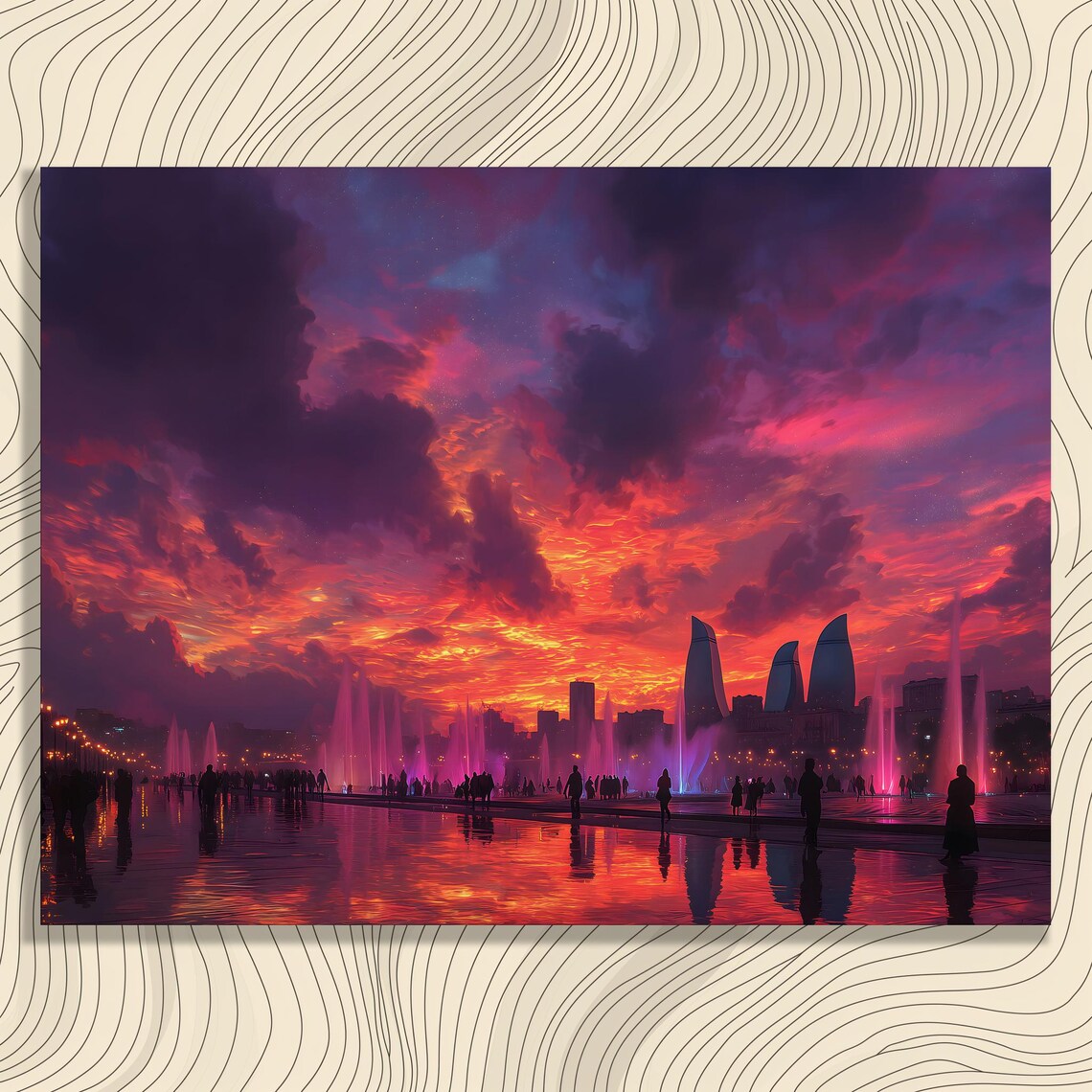 Baku Azerbaijan Flame Towers Sunset Skyline Fountains Poster