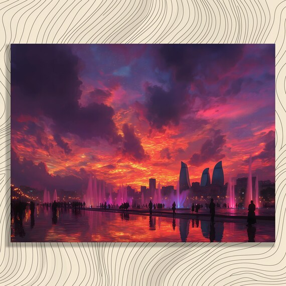 Vibrant City Skyline Canvas Wall Art Colorful Cityscape With Water Fountains Sunset Sky Purple Pink Clouds Urban Reflection Lights