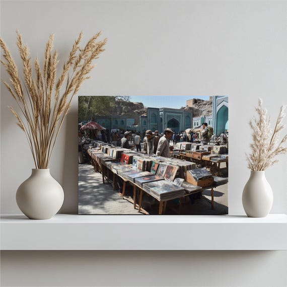 Vinyl Record Market Canvas Wall Art Urban Street Photography Print Travel Decor Turquoise Tile Bazaar Painting Gift For Music Lovers