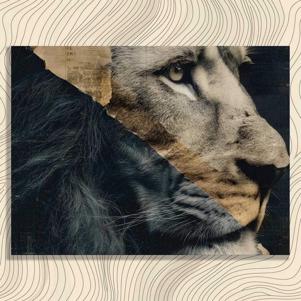 Lion Profile Mixed Media Collage Sepia Toned Wildlife Poster