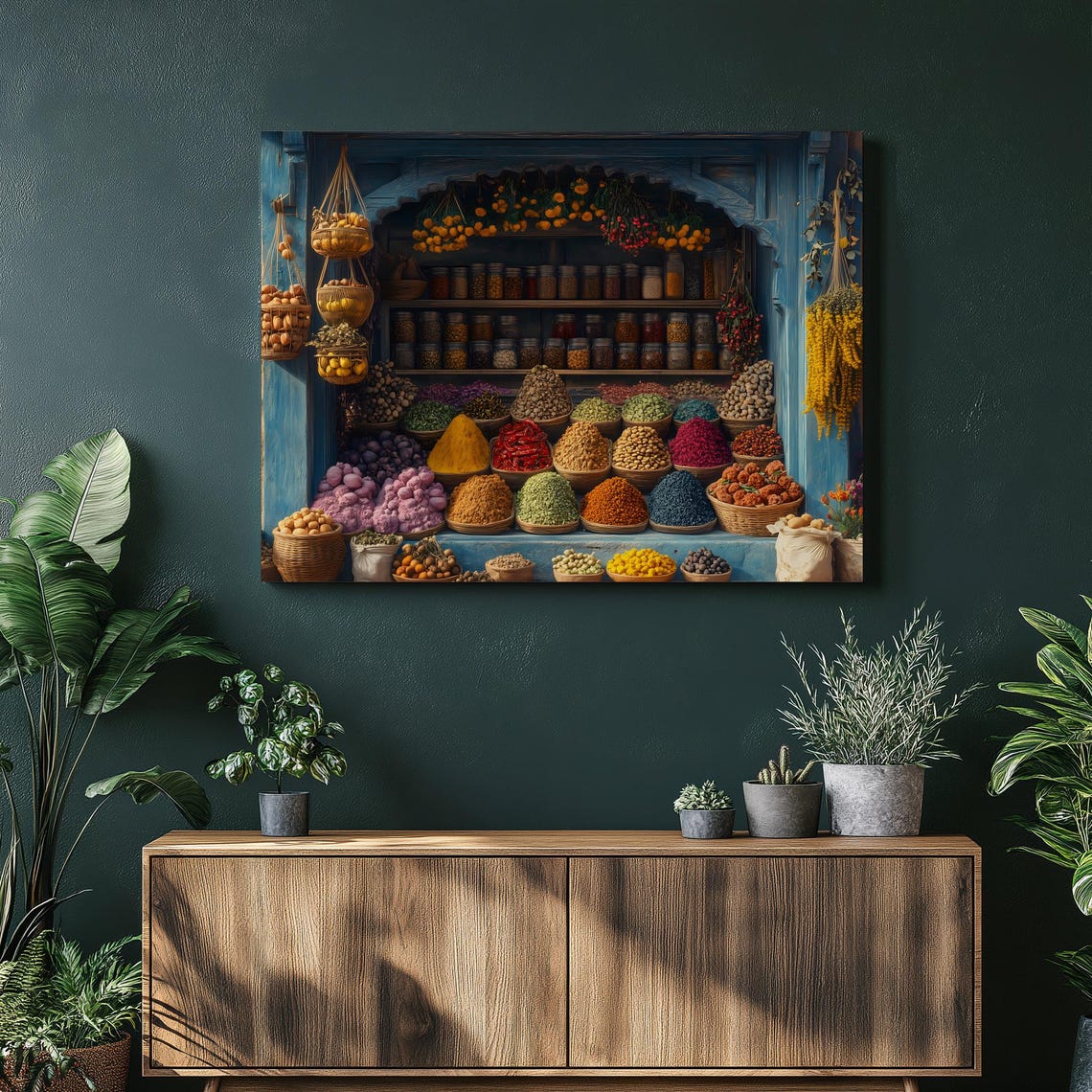 Colorful Spice Market Stall Blue Shopfront Baskets Bazaar Art Poster