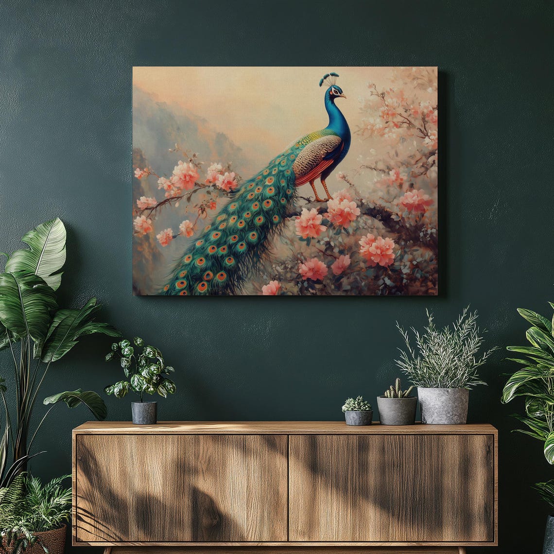 Vibrant Peacock With Blooming Florals Colorful Bird Artwork Poster