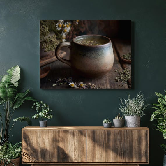 Vintage Herbal Tea Canvas Wall Art Rustic Chamomile Mug Print With Dried Flowers Farmhouse Decor Still Life Painting Look Cozy Gift
