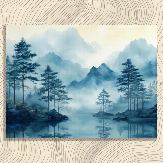Serene Mountain Lake Canvas Wall Art Misty Reflections Nature Landscape Print Blue Green Decor Modern Minimalist Gift