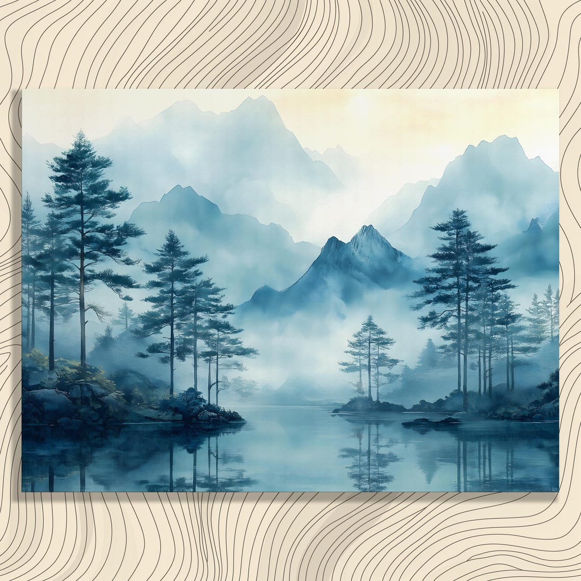 Misty Mountain Lake Pine Trees Blue Watercolor Landscape Poster