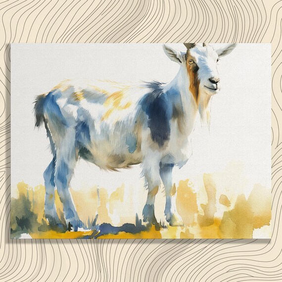 Watercolor Goat Standing In Yellow Field Farmhouse Rustic Art Poster