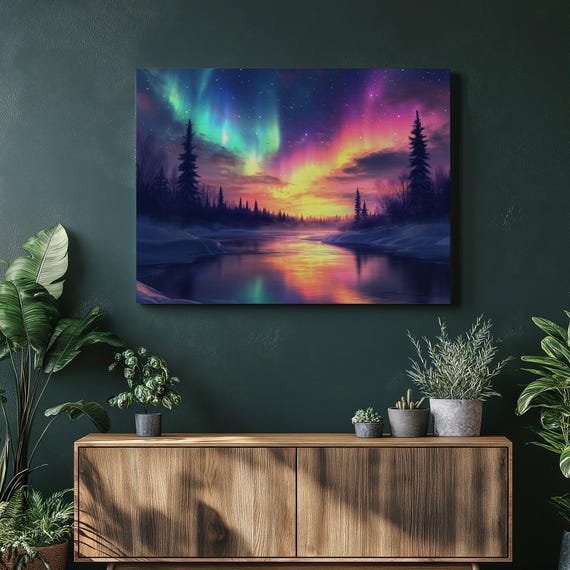Northern Lights Canvas Wall Art Stunning Colorful Aurora Borealis Print Winter Night Sky Painting Nature Inspired Decor For Home Or