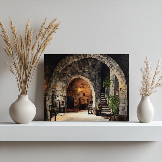 Rustic Stone Courtyard Arched Alcove Warm Lights Traditional Print