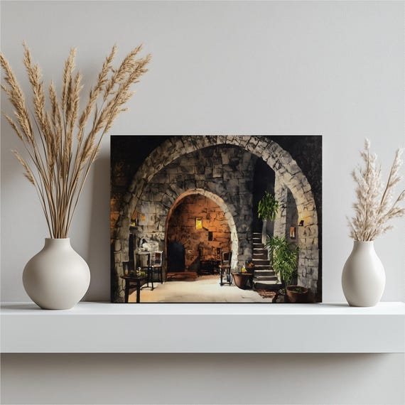 Rustic Stone Courtyard Canvas Wall Art Traditional Watercolor Artwork Lantern Lit Archway Stonework Medieval Scene Home Decor Print