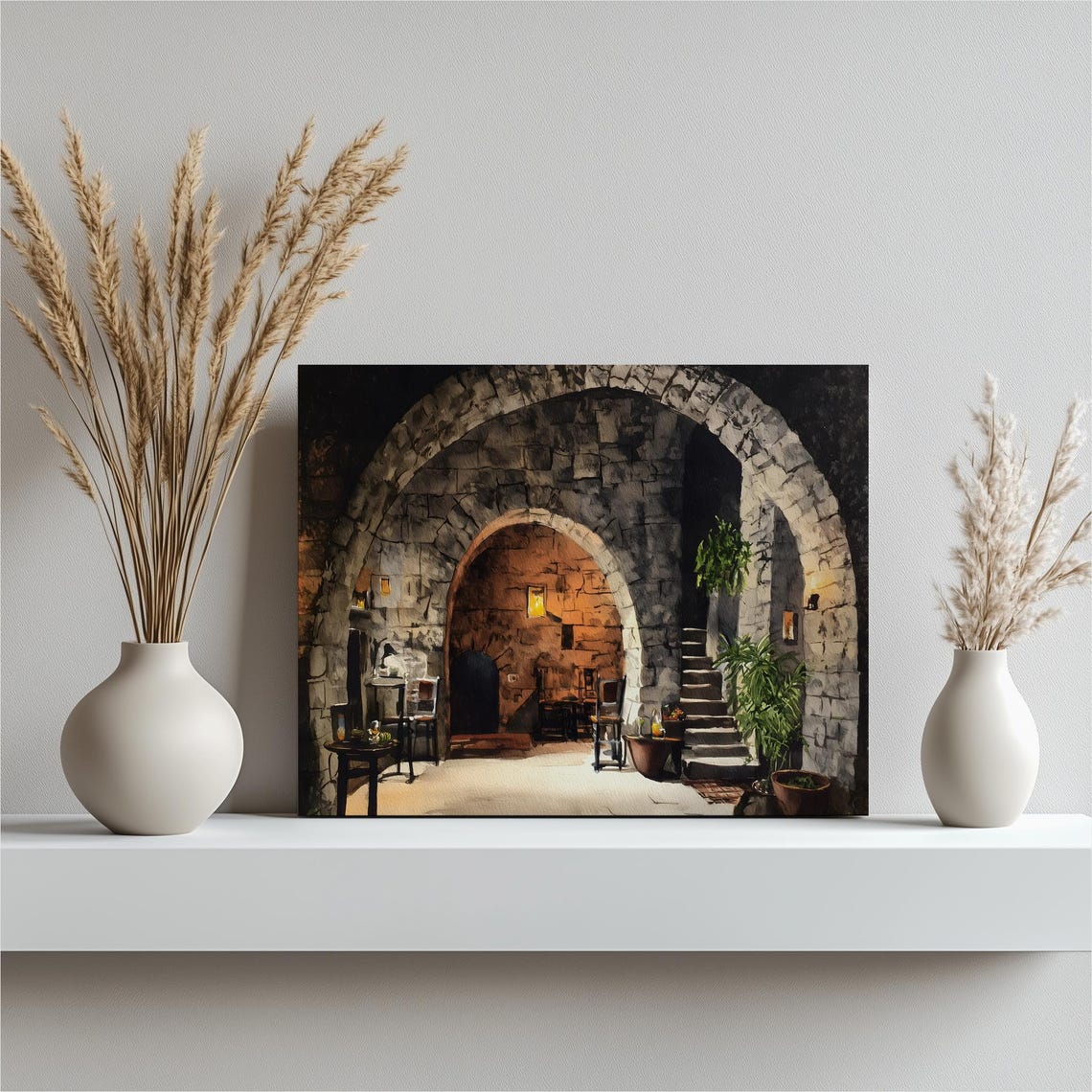 Rustic Stone Courtyard Arched Alcove Warm Lights Traditional Print