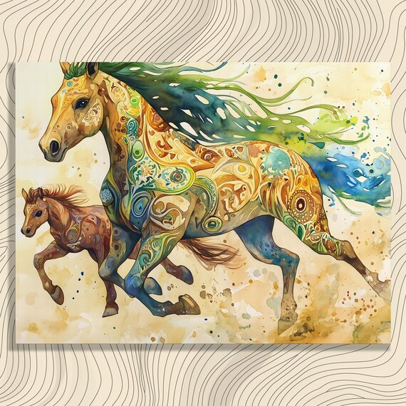 Vibrant Horse Canvas Wall Art Watercolor Painting Foal Blue Green Abstract Equestrian Gift Boho Home Decor Bohemian Poster