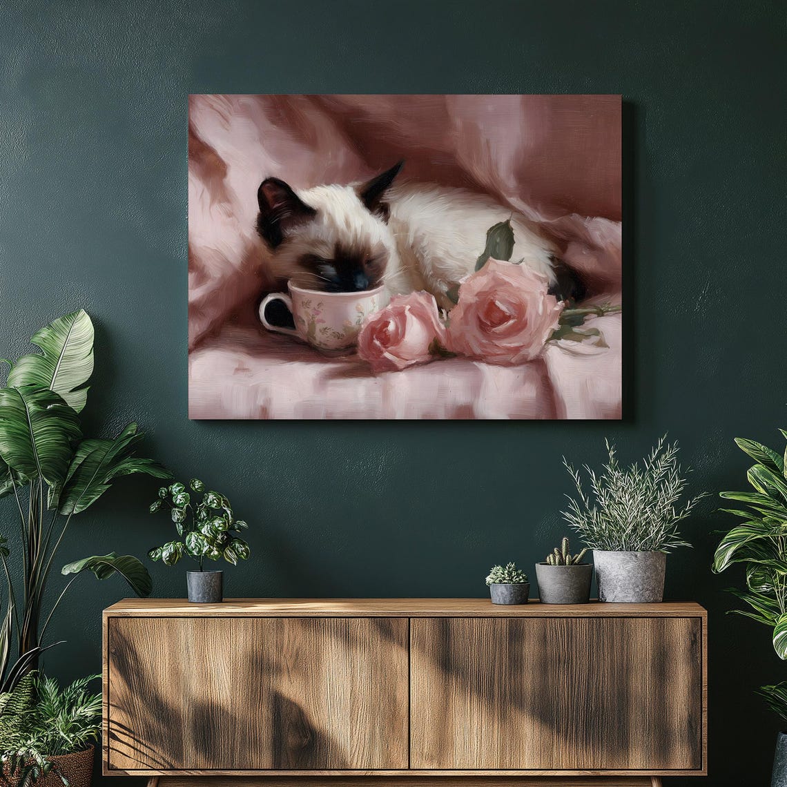 Sleeping Siamese Kitten on Teacup With Pink Roses Floral Cat Wall Art