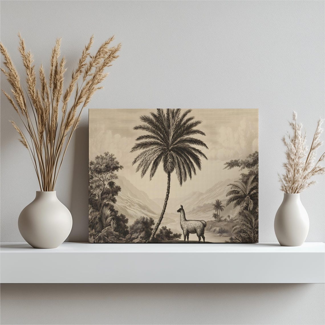 Palm Tree and Llama Sepia Engraving Tropical Valley Art Poster