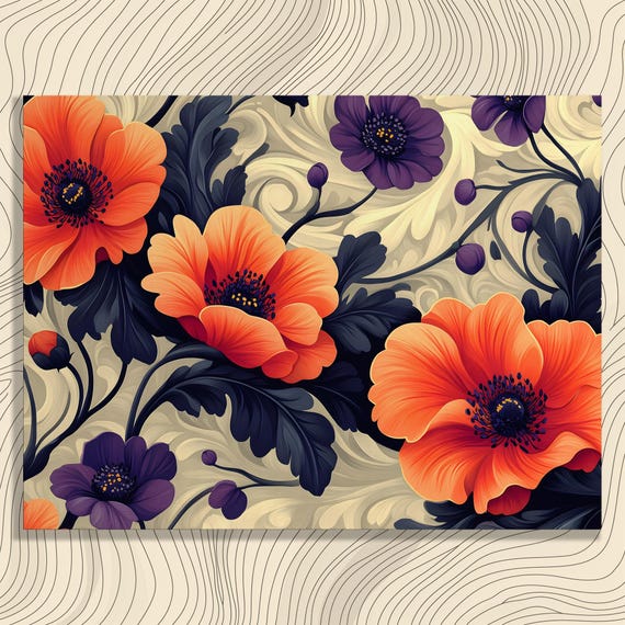 Vibrant Floral Canvas Wall Art Colorful Botanical Flower Print Garden Decor Painting Gift Orange Purple Petals Swirling Leaves Artwork