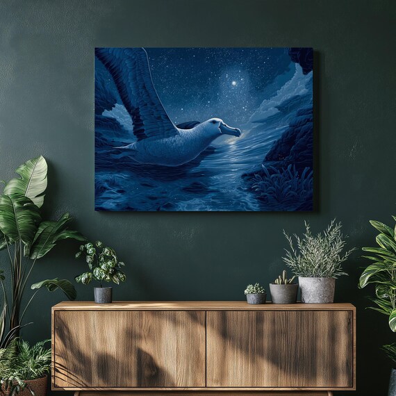 Starry Night Albatross Canvas Wall Art Blue Seabird Soaring Moonlit Ocean Sky Surreal Seascape Coastal Decor Wildlife Print Gift