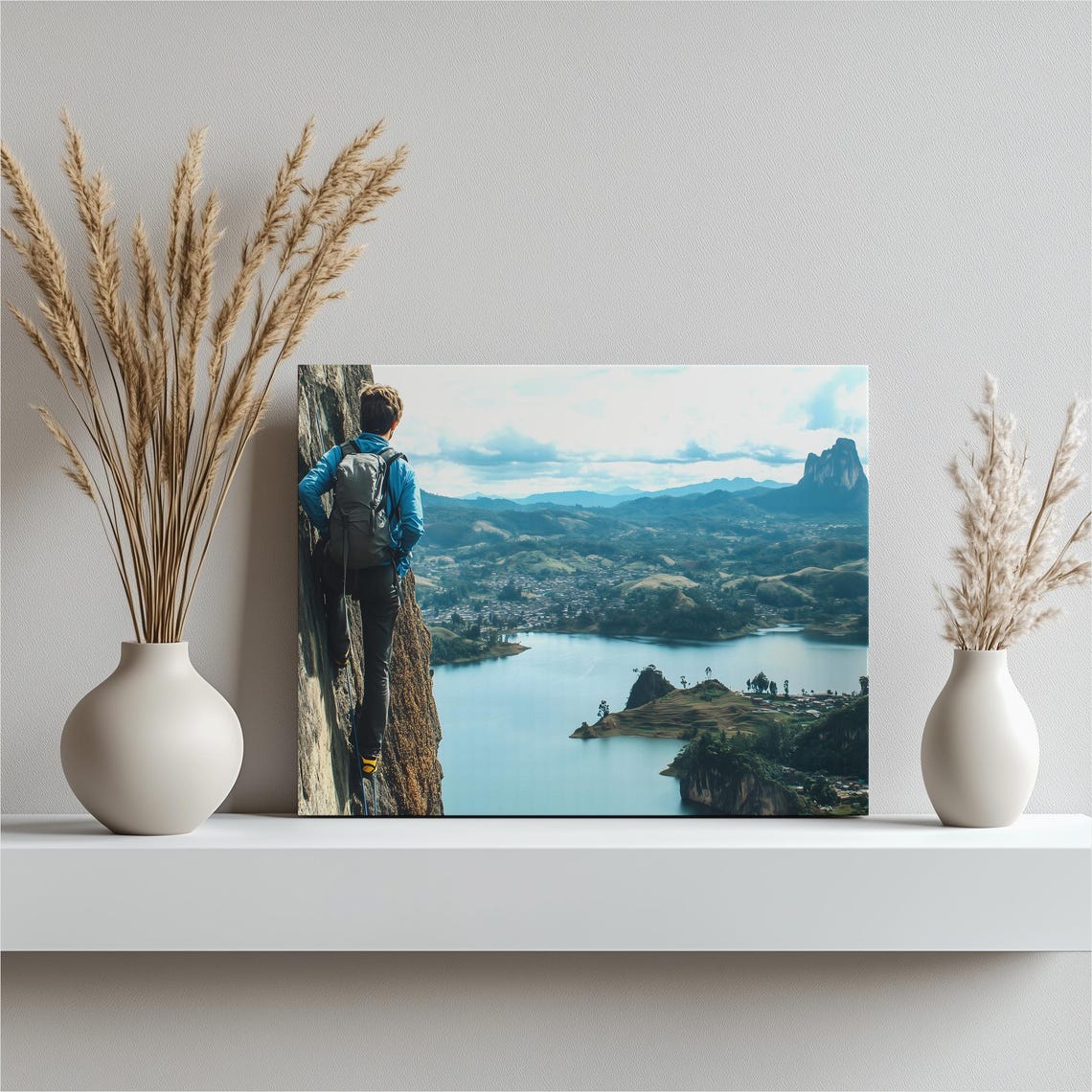 Rock Climber Panoramic Canvas Wall Art Mountain Lake Adventure Decor