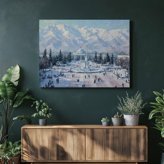 Snowy Mountain Cityscape Canvas Wall Art Winter Landscape Fountain Dome Building Range Painting Blue White Decor Traditional