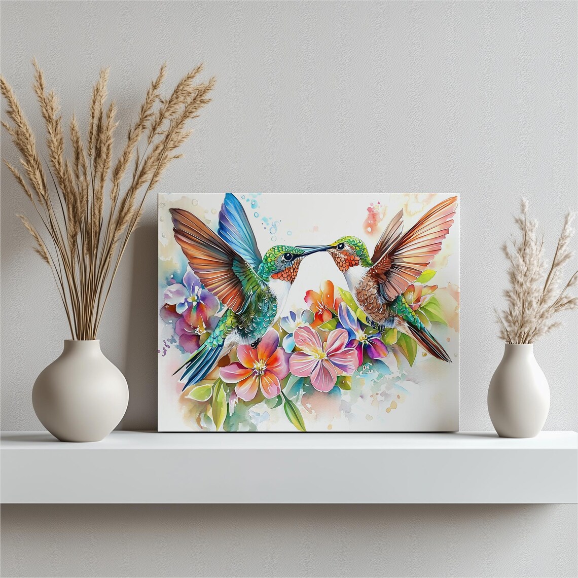 Pair of Hummingbirds Among Blossoms Colorful Watercolor Art Print