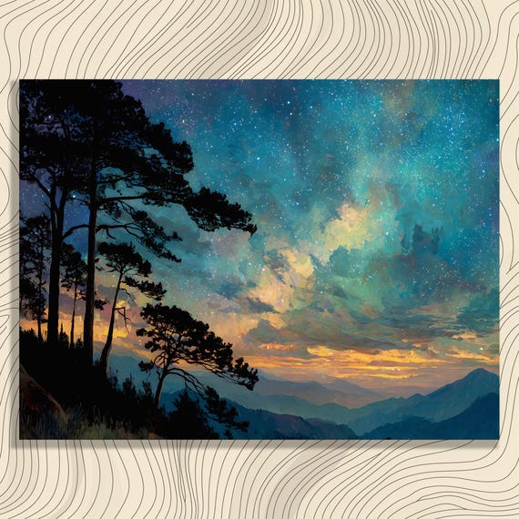 Majestic Pine Silhouette Canvas Wall Art Tranquil Mountain Night Sky Landscape Painting Print Forest Starry Milky Way Nebula Decor