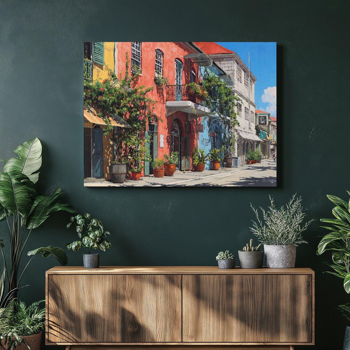 Sunny Old Town Street Coral Building Flowers Travel Art Poster